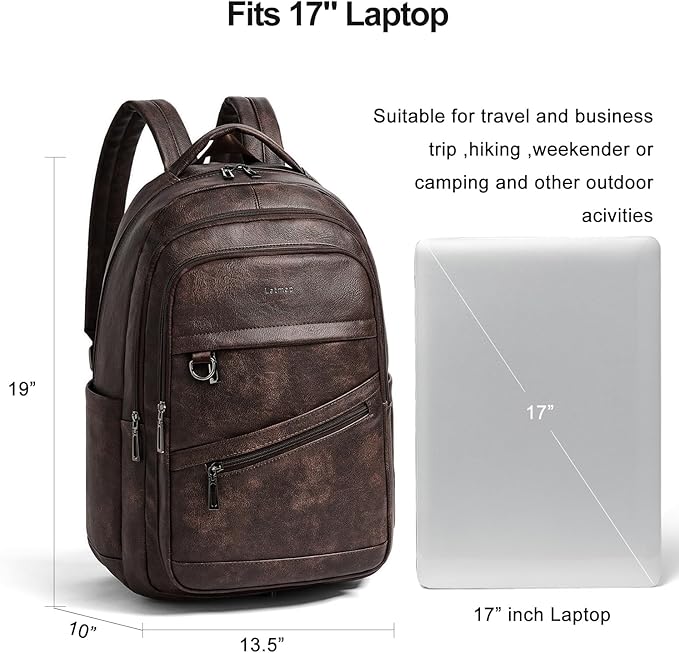 43L Backpack for Women Men - Vegan Leather Backpack Purse Travel Carry-on Bag College Bookbag Work fits 17" Laptop, Coffee