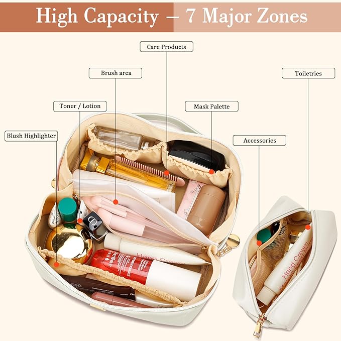 Birthday Gifts for Women Teen Girl, Personalized Initial Makeup Organizer Bag Set, Open Flat Travel Cosmetic Bag With Clear Divider and Handle(Beige,E)