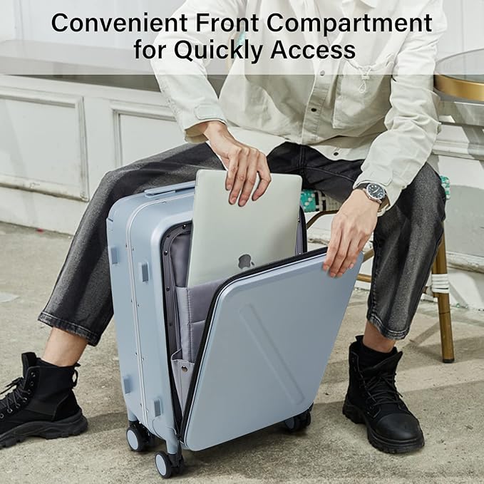 MILADA Wide Handle Luggage with Front Pocket Hardshell Aluminium Check In Suitcase with Wheels Medium 24 Inch Front Opening Checked Luggage with Spinner Wheels TSA Lock Airline Approved Luggage, Grey
