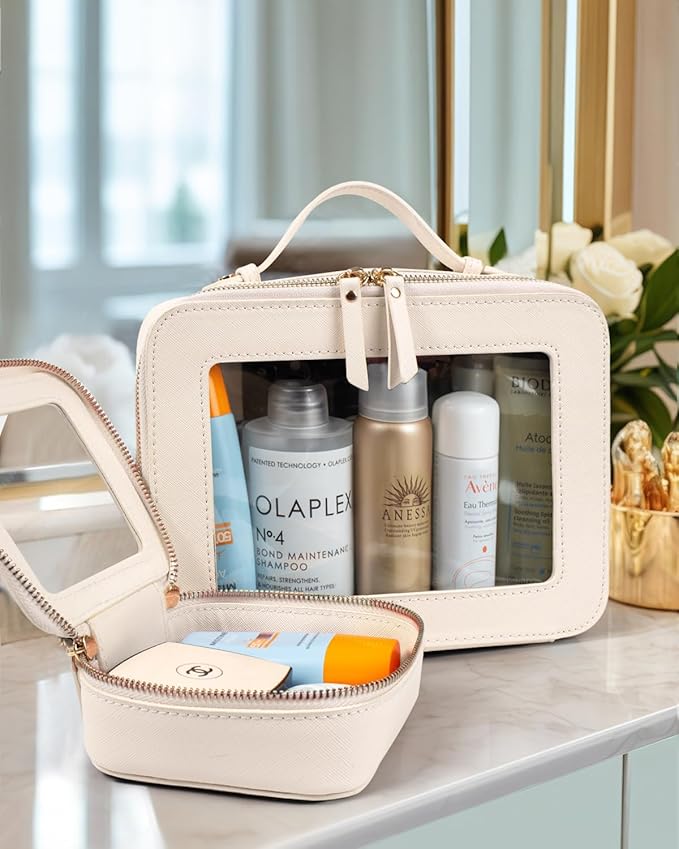 LETGO Clear Makeup Bags Set - TSA Approved Toiletry Bag with Handle Large Opening, Clear Toiletry Bags Case Pouch for Traveling Travel Car Orangizer Storage Essentials(Mini+Large Beige)