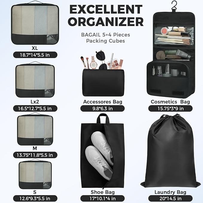 BAGAIL 9 Set Packing Cubes Luggage Packing Organizers for Travel Accessories