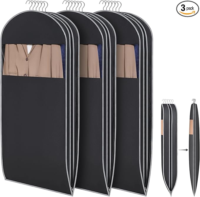 KEEGH Space Saving Hanging Garment Bag with Self Compression Zipper, 50 Inch Garment Bags for Hanging Clothes with Clear Window, Suit Bags for Closet Storage (3 Pack)