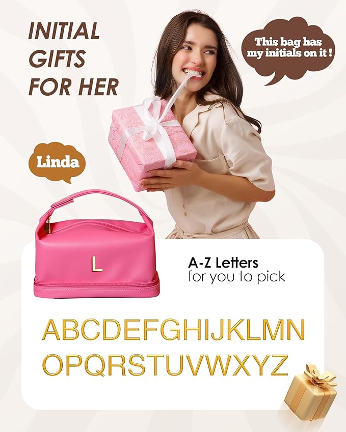 Gifts for Preteeens Girls, Personalized Makeup Bag with Handle, Initial Double Layer Cosmetic Bag with Makeup Brush Organizer, Cute Cosmetic Pouch for Women, Gifts for Friends Female Niece