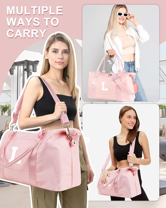Initial Travel Duffel Bag Sports Gym Bag for Girls Teen Birthday Gifts,Pink Personalized Weekender Bag Carry On Tote Bags for Women Men,Waterproof Overnight Luggage Bag with Trolley Sleeve(Letter L)