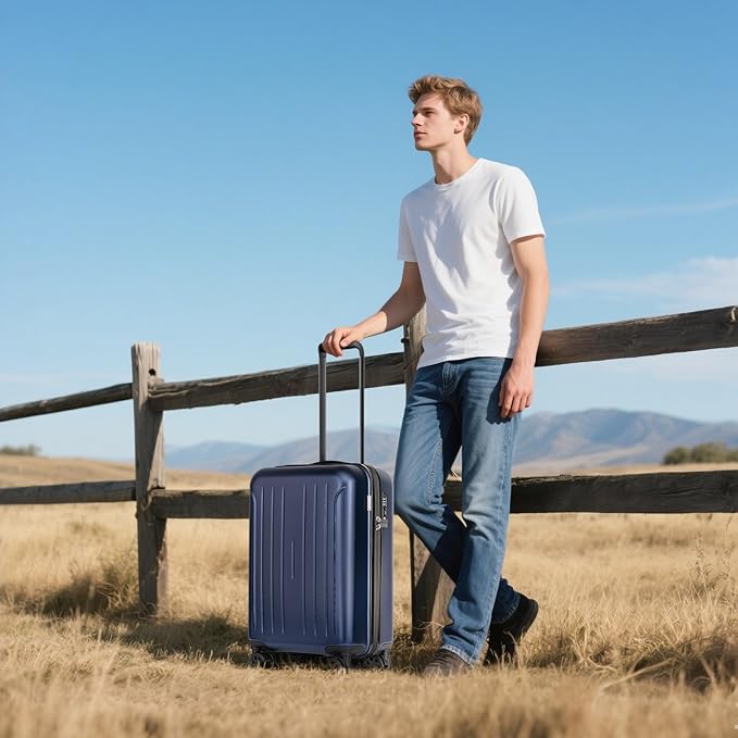 KYME Suitcase Hardshell With Double Spinner Wheels, PC+ABS TSA Lock Travel Luggage (Navy Blue, 24" Checked)