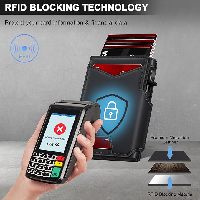 Wallet for Men Wallet with Slim Pop Up Card Holder 9-13 Cards, Bifold Minimalist Smart Wallet RFID Blocking Credit Card Holder with ID Window & Stretchable Cash Slot Compact Metal Aluminum Card Case