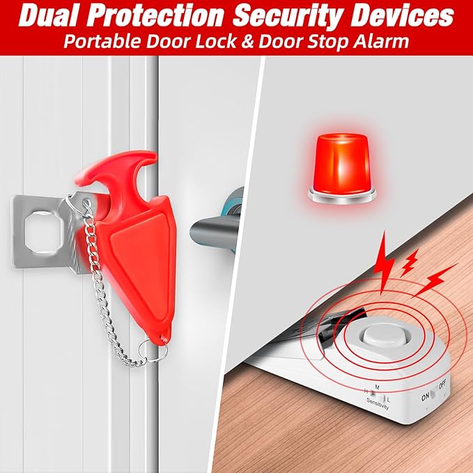 Portable Door Stop Alarm and Traveling Hotel Door Lock, No Installation Required, Provides Double Security for Home, Hotel and Traveling (1 Door Lock + 2 Door Stop)
