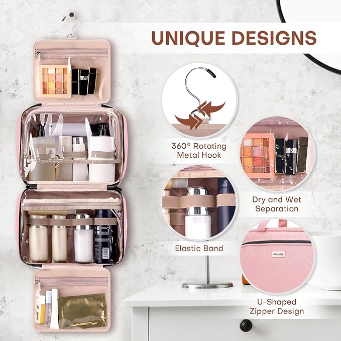 8L Travel Toiletry Bag with Jewelry Organizer for Women - 2.1 GAL Water-resistant Makeup Cosmetic Bag With Hanging Hook for Accessories Shampoo Full-size Container, Pink