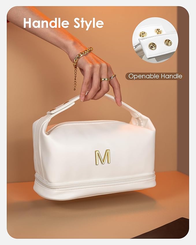 Makeup Bags with Handle, Friend Gifts, Personalized Double Layer Cosmetic Bag with Makeup Brush Organizer, Waterproof, Large Capacity PU Leather Travel Toiletry Bag, Birthday Gifts for Girls