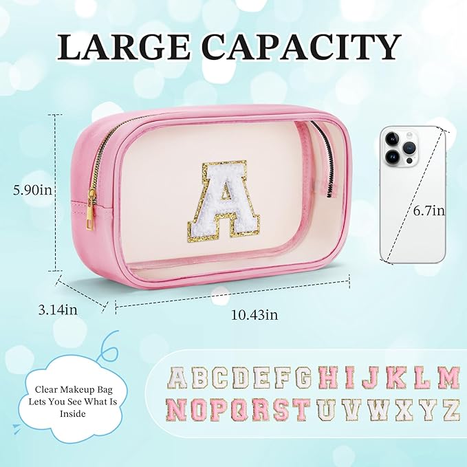 YOOLIFE Travel Toiletry Bag for Women, Pink Clear Makeup Bag Cute Make Up Bag for Women Cosmetic Bags Skin Care Makeup Bag Organizer Birthday Gifts for Women Teacher Mother Girlfriend Initial T