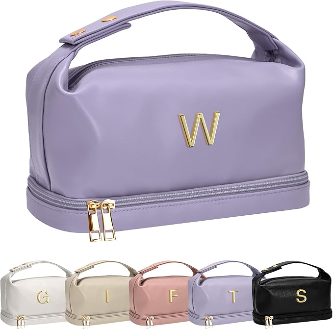 Letter Makeup Bags, Personalized Bags with Handle, Waterproof Double Layer Cosmetic Bag, Large Capacity PU Leather Makeup Bags Letter Travel Toiletry Bag with Makeup Brush Organizer