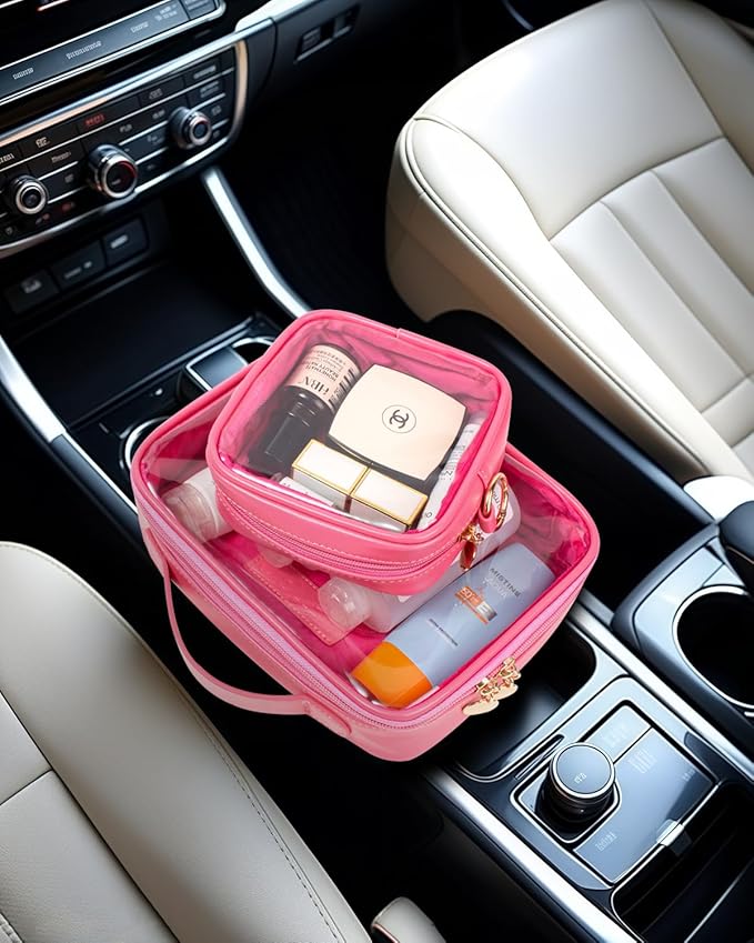 2 Pack Clear Toiletry Bag, Portable Travel Makeup Pouch with Zipper, TSA Approved Organizer, PVC Cosmetic for Airport Airline Compliant(Large+Mini Rose)