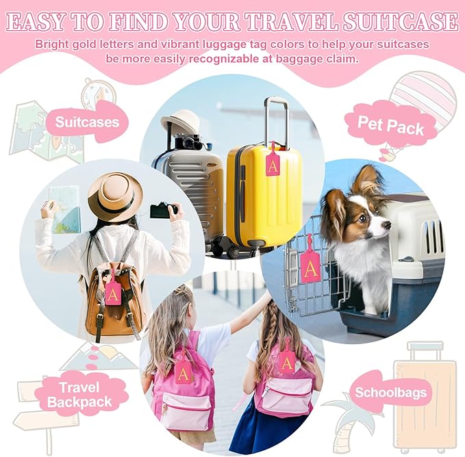 Personalized Initial Luggage Tags for Suitcase, Rose Red Leather Cute Luggage Tags with Privacy Cover Name Card, Embroidered Custom Monogram Luggage Tags Travel Backpack Tag Gifts for Women Kids(A)