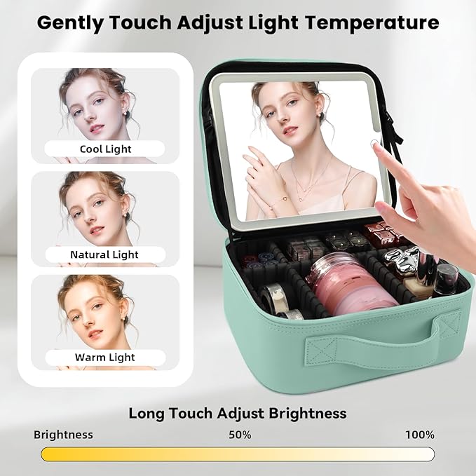 Travel Makeup Bag with LED Mirror and Light Makeup Travel Bag Organizer Portable Cosmetic Brush Organizer Bag with Adjustable Dividers for Cosmetics Makeup Brushes Toiletry (Light Green)