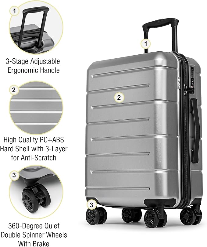 KYME Luggage Sets 3 Piece Hardshell 22in/26in/30in Suitcases with Spinner Wheels Hardside Suitcase Sets with TSA Lock Travel Rolling Luggage Set for Women Men Silver Grey