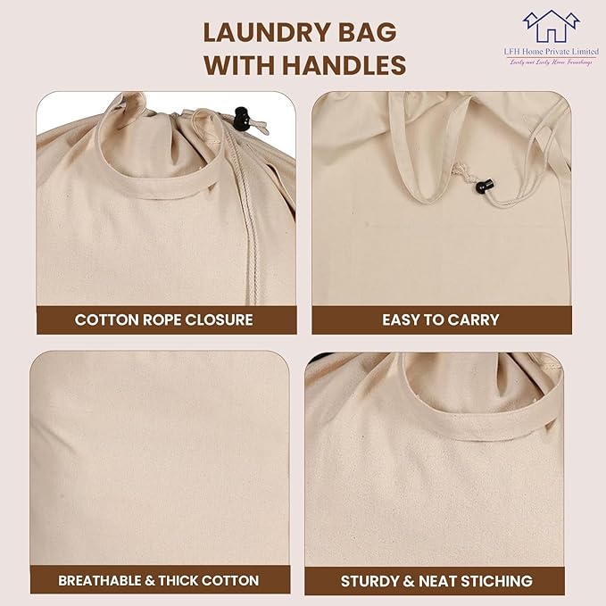 LFH Home Large Premium 100% Cotton Canvas Laundry Bag with Drawstring and Handles Heavy Duty, Multi-Use, and Washable for Home, Travel, College or Storage 28x36 (Pack of 6)-Natural