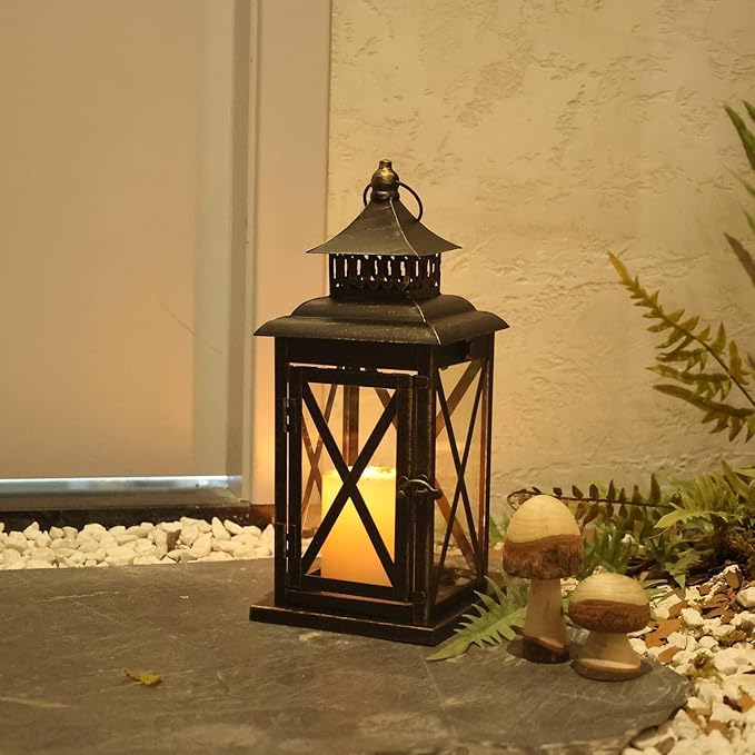 DECORKEY Lantern Decorative Indoor & Outdoor, Large Hanging Candle Lanterns Home Decor, Vintage Metal Candle Holders for Front Porch Patio Wedding Party, Halloween Christmas Decorations (Black)