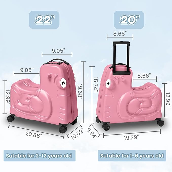 Kids Luggage, Kids Ride-on Luggage with Spinner Wheels Suitcase, Kid's Ride-On Suitcase Help Your Child Relax, Carry On Trolley with Password Lock (Pink, 20 inches)