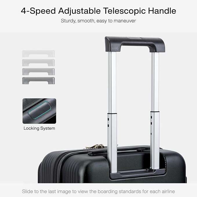 Hanke Grace Carry On Luggage with Wheels Airline Approved Hard Shell Suitcases with Front Pocket，Top Opening Luggage with TSA Lock for Short Business Travel， Jet Black.
