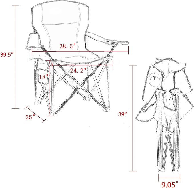 Padded Camping Chairs for Adults, Oversized Folding Outdoor Chairs, Weight Capacity 475lbs, with Cooler Bag, Cup Holder, Storage Pocket Carry Bag (Black - 2 Pack)