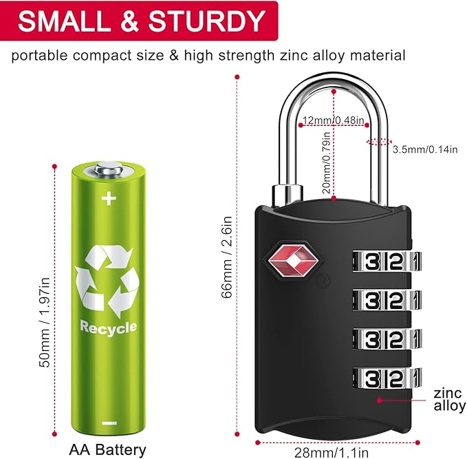 ZHEGE TSA Approved Luggage Lock for Train Travel, 4 Digit Combination Lock for School Gym Locker, Suitcase, Backpack, Cabinet, Drawer, Easy Read Dial with Alloy Body (1 Pack, Black)