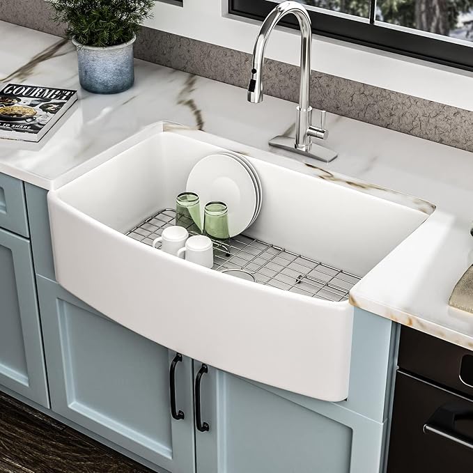 33 White Farm Sink - Fulorni 33"x20" Curved Apron Front Farmhouse Kitchen Sink Ceramic Porcelain Fireclay Single Bowl Farmer Style Basin