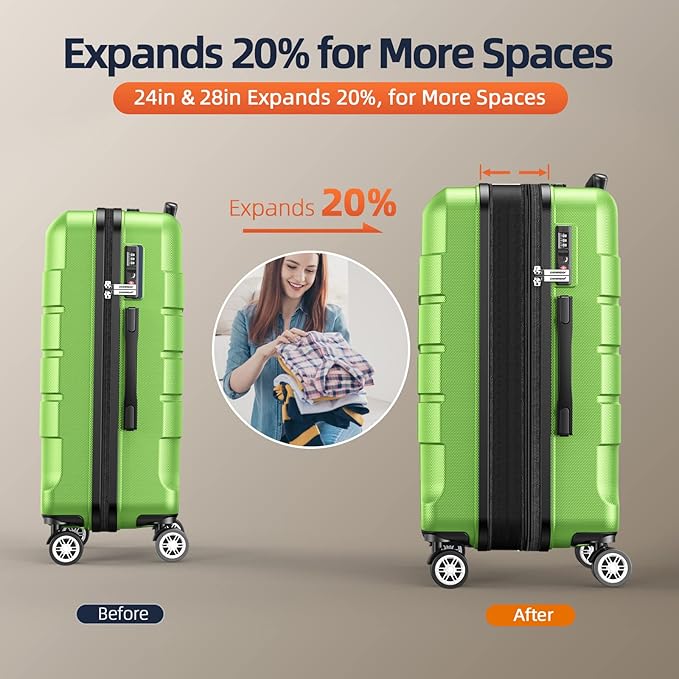 SHOWKOO Luggage Sets Expandable PC+ABS Durable Suitcase Sets Double Wheels TSA Lock Green 3pcs