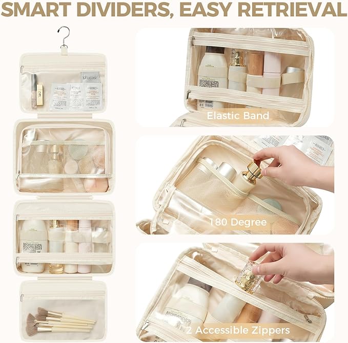 Toiletry Bag For women,Portable Hanging Organizer,4 Leakproof Compartment for full-sized Conditioner, Brushes Set, Makeup Accessories,Visible and easy to access.L-beige