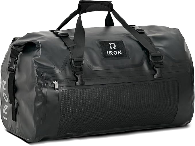 IRON JIA'S Motorcycle Dry Bag - Waterproof Duffle & Luggage Tail Bag Saddle Bags with Roll Top Closure, Shoulder Straps, Inner Pocket and Mesh Pocket (Black, 50L)