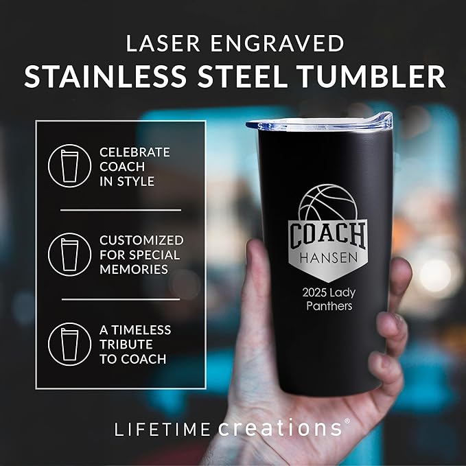 Lifetime Creations Personalized Basketball Coach Tumbler: Custom Basketball Coach Gift, Coaches Coffee Travel Mug from Team, Insulated Engraved Stainless Steel 20 Ounce Cup (White)