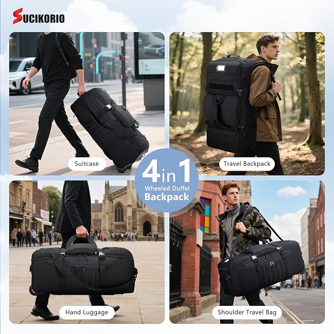Tactical Travel Duffle Bag with Wheels and Handle 3 in 1 Large 85L XL Rolling Travelling Backpack Waterproof Oxford Carry On Hand Luggage Deployment Bags with Combination Padlock, Black