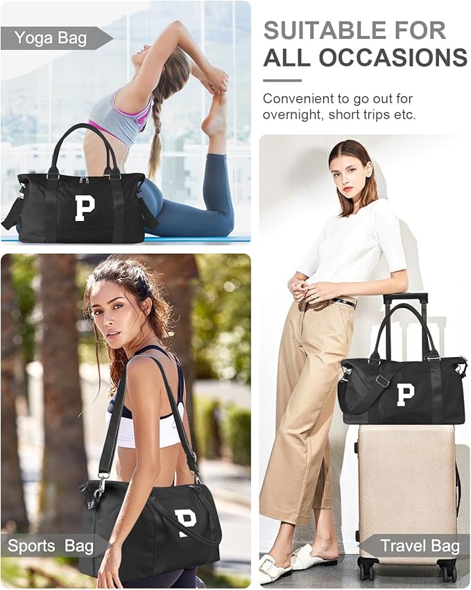 Initial Travel Duffel Bag Sports Gym Bag for Boys Teen Birthday Gifts,Black Personalized Weekender Bag Carry On Tote Bags for Men,Waterproof Overnight Luggage Bag Airplane Travel Essentials(Letter P)