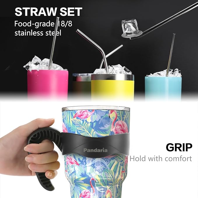 30 oz Spill Proof Tumbler with Handle, 100% Leak-Proof, Cupholder Friendly Insulated Cup with Straw, Double Wall Powder Coated Stainless Steel Tumbler, Ideal Gift for All Occasions (Flamingo)
