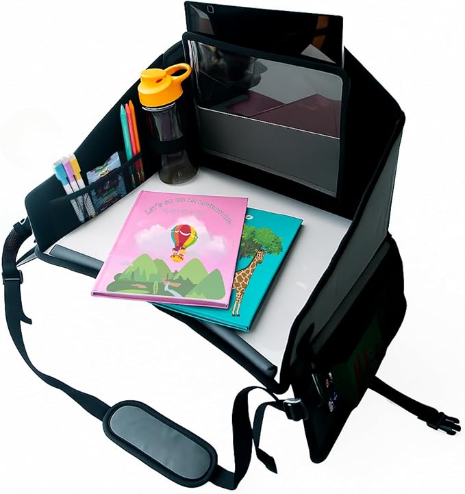 Kids Travel Tray for Car Seat – Gray – The Essential Travel Lap Desk with Removable Tablet Holder, Built-In Storage, and Stabilized Panels, Must Have Car Tray for Kids on Road Trips