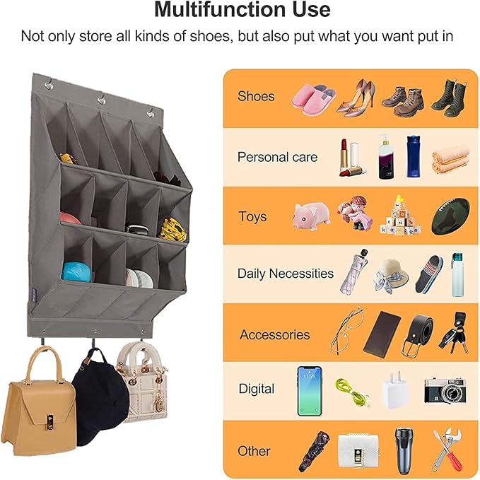 Over the Door Shoe Organizer, 12 Pockets Hanging Shoe Storage Rack with Large Deep Pockets, Oxford 600D Fabric Grey Shoe Storage Rack with 6 hook for Shoes, Slipper,Home Accessories etc-Black