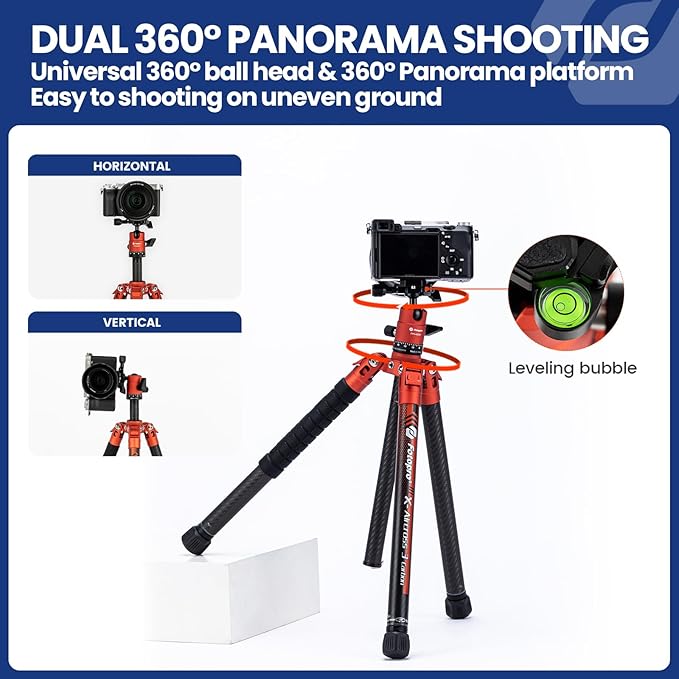 Fotopro Carbon Fiber Tripod for Camera 2lbs Ultralight 62 Inch Travel Camera Tripod Max Loads Up 22lbs X-Aircross 3 Orange