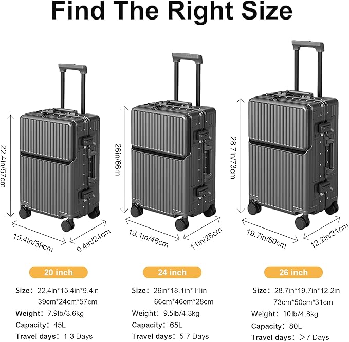 Hard Shell Luggage 24 Inch Travel Luggage, Carry-On Luggage Spinner TSA with Lid, ABS Aluminum Frame，Lightweight Travel Luggage 20'' 24'' 26''Carry-On (upgraded grey, 24 inch)