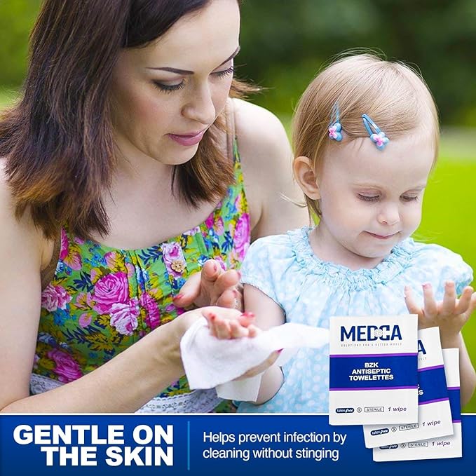 Benzalkonium Chloride Towelletes Hand Wipes – (Pack of 200) Chloride Swabs Individual BZK Single-Use Packets by MEDca 5"x6"