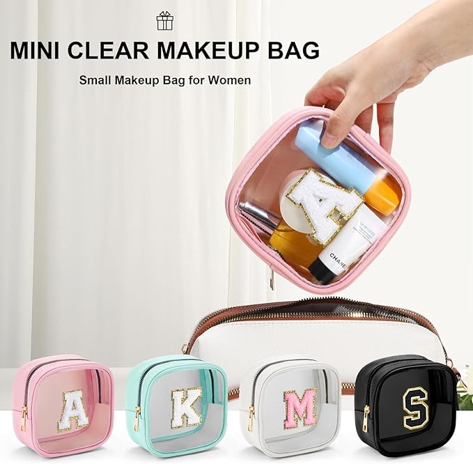 YOOLIFE Small Cosmetic Bag for Purse Mini Makeup Bag for Teacher Cute Clear Make Up Pouch for Travel Tiny Leather Pink Make Up Organizer Case for Backpack Toiletry Bag Waterproof Square Pouch B