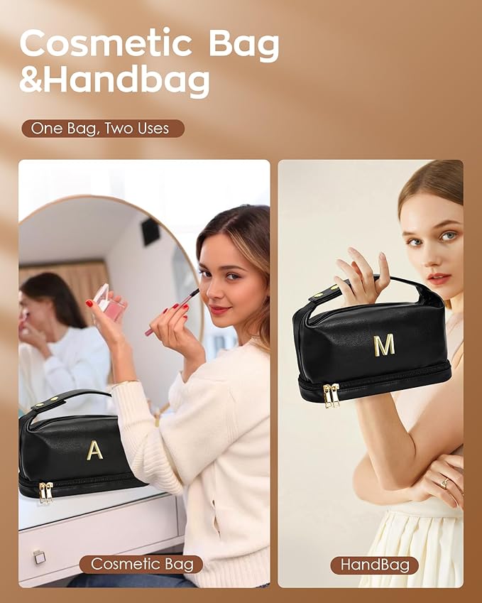 College Girls Gifts, Monogrammed Gifts for Women Makeup Bag with Handle, Double Layer Cosmetic Bag with Makeup Brush Organizer, PU Leather Travel Toiletry Bag, Gifts for Friends Female Mom