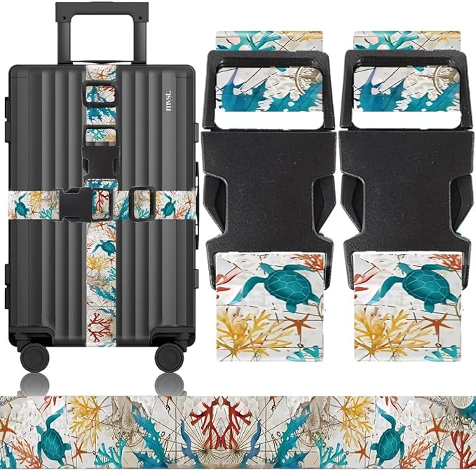 2 Pack Luggage Straps for Suitcases Adjustable Luggage Belt TSA Approved, Bright Colors Travel Packing Straps with Quick Release Buckle Unique Nylon for Sleeping Bag Car Seat, Turtle