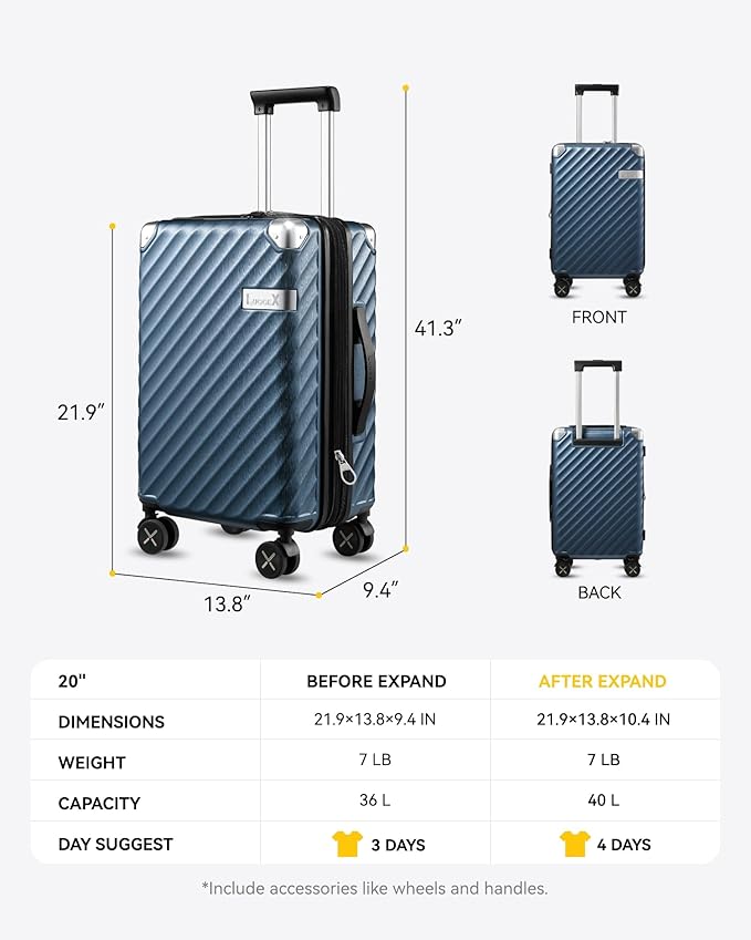 LUGGEX Luggage with Spinner Wheels, Polycarbonate Expandable Hard Shell Suitcase, Carry On 20 Inch, Champagne