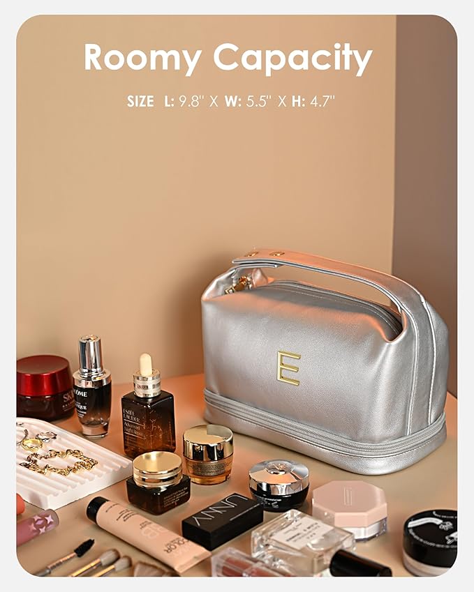 Gifts for Young Women, Personalized Makeup Bag with Handle, Initial Double Layer Cosmetic Bag with Makeup Brush Organizer, Cute Cosmetic Pouch for Women, Gifts for Friends Female Mom