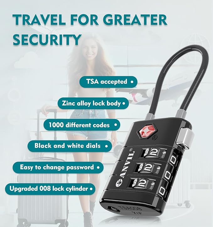 ANVIL TSA Approved Luggage Locks – High Security TSA008 Combination Travel Locks with Inspection Indicator for Suitcases and Backpacks. (4, Black)