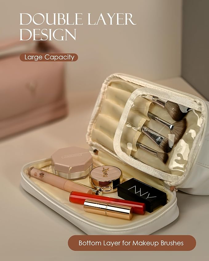 Gifts for Women Birthday, Monogrammed Makeup Bag with Handle, Initial Double Layer Cosmetic Bag with Makeup Brush Organizer, Cute Cosmetic Pouch for Women, Gifts for Friends Female Mom