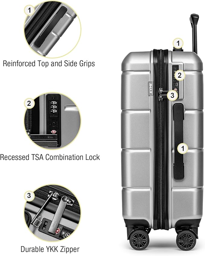 KYME Luggage Sets 3 Piece Hardshell 22in/26in/30in Suitcases with Spinner Wheels Hardside Suitcase Sets with TSA Lock Travel Rolling Luggage Set for Women Men Silver Grey