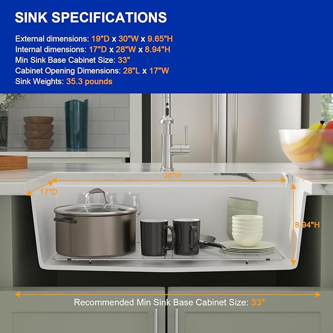 Dcolora 30 Inch White Kitchen Sink Granite Composite Workstation Undermount Quartz Single Bowl Kitchen Sink 30"W x 19"D x 10"H, DC-GU5521