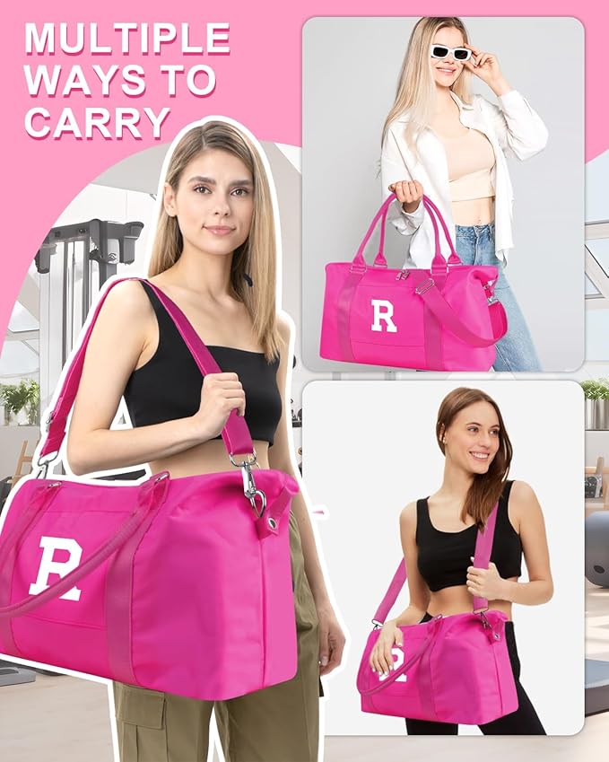 Overnight Bag for Kids Teen Girls Weekender Dance Bag Birthday Graduation Gifts,Initial Travel Duffel Bag Sports Gym Bag Personalized Weekender Bag Carry On Bags Preppy Gifts for Women(Hot Pink, R)