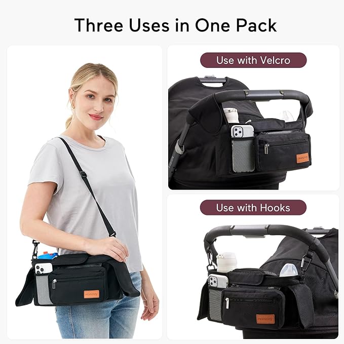 Momcozy Universal Stroller Organizer with Insulated Cup Holder Detachable Phone Bag & Shoulder Strap, Fits for Stroller like Uppababy, Baby Jogger, Britax, BOB, Umbrella and Pet Stroller