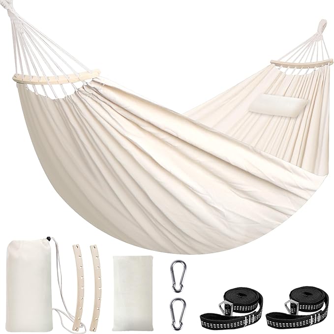 Chihee Cotton Hammock Large Soft Breathable Camping Hammock Holds Up to 660lbs Portable Tree Hammock with Detachable Spreader Bar Pillow 2 Strong Webbings 2 Carabiners Patio Garden Indoor Outdoor